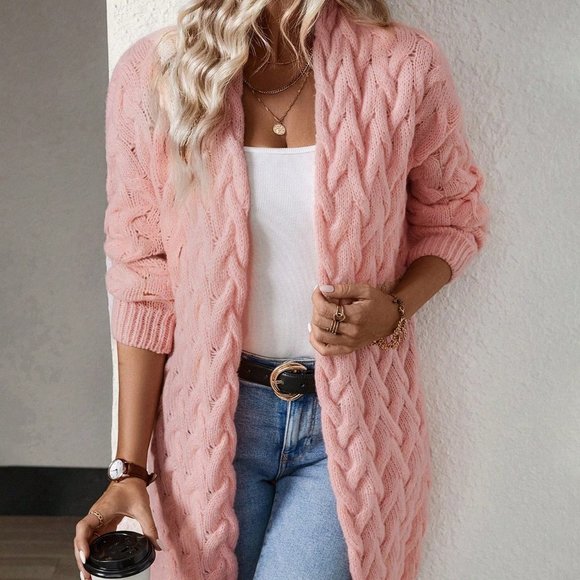 Pink Casual Womens Cable Knit Drop Shoulder Duster Cardigan